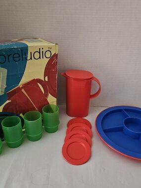 Tupperware Red Pitcher Set with Green Cups and Blue Divided Tray